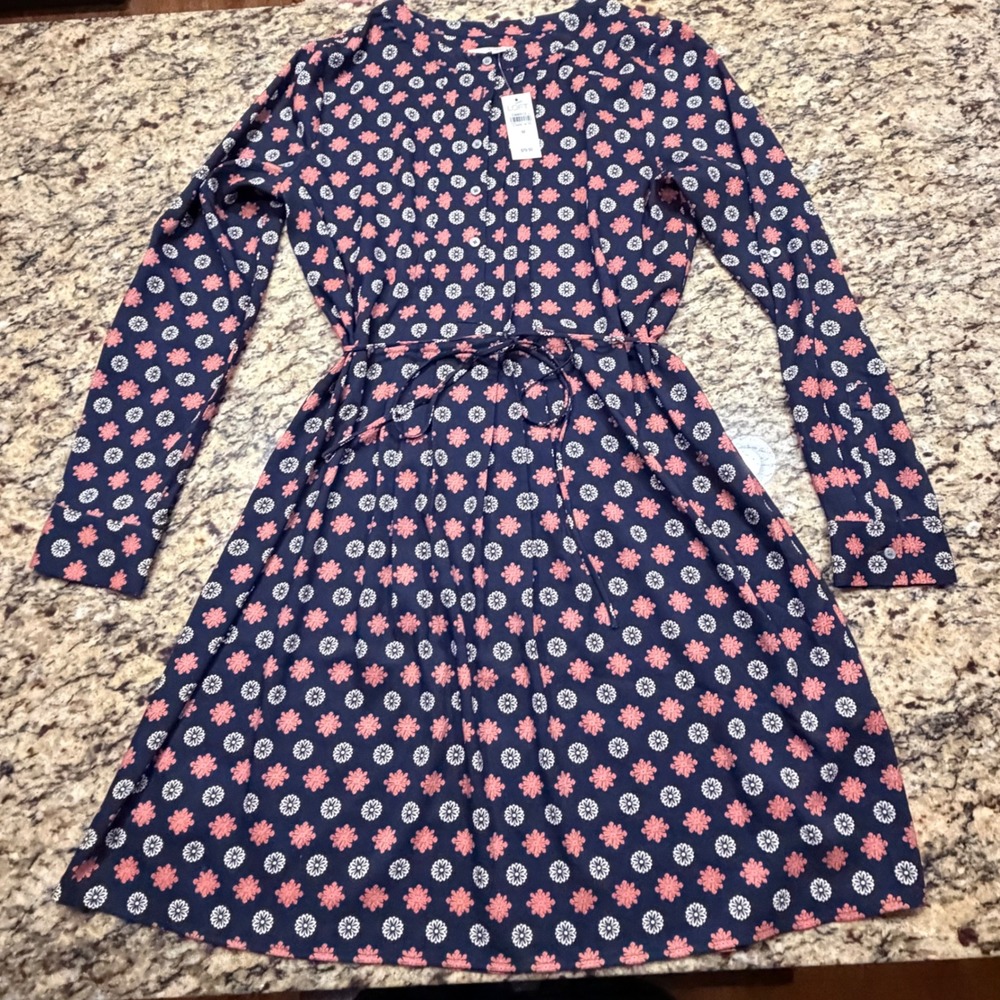NEW LOFT Navy Blue Coral Floral Medallion Long Sleeve Shirt Dress Size M ws